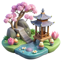 quintessential nordic A traditional Japanese garden with a koi pond, stone lanterns, cherry blossoms, serene atmosphere, peaceful, masterfully captured png