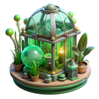 intense serene A steampunk greenhouse, filled with exotic mechanical plants and glowing fungi, bathed in soft green light. Whimsical, fantasy style elite png