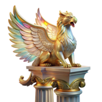 vibrant distinctive A majestic griffin with iridescent feathers, perched atop a crumbling marble pillar, bathed in ethereal golden light. Intricate details on feathers and pillar. Art Nouveau style png