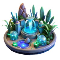 impressive retro A futuristic garden filled with bioluminescent plants and glowing water features. Magical, ethereal lighting. Biopunk fantasy style high quality png