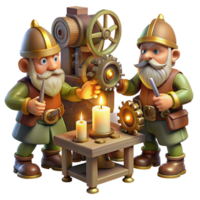 glorious timeless A group of gnomes crafting intricate clockwork devices in a dimly lit workshop, warm candlelight, detailed and steampunk style png