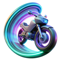 extraordinary modern A futuristic motorcycle, with glowing neon accents, speeds through a holographic tunnel, leaving a trail of light in its wake. Dynamic, motion blur. Cyberpunk style refined png