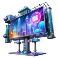 serene tranquil rustic A futuristic holographic billboard displaying an advertisement, bustling city street backdrop, neon lights, cyberpunk style, studio quality png