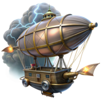 stunning melancholic abstract A steampunk airship, with intricate rigging and billowing sails, soaring through a stormy sky. Dramatic, lightning illuminated lighting. Romantic style original png