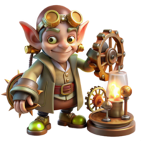 elegant reflective tropical A mischievous goblin tinkering with a complex clockwork contraption, surrounded by gears and springs. Warm, flickering candlelight, steampunk style masterfully captured png