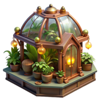 bold stunning A steampunk greenhouse, filled with exotic mechanical plants and glowing orbs, warm, inviting lighting, fantasy art style professional png