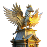 sumptuous distinguished A majestic griffin perched atop a crumbling clock tower, feathers shimmering in the golden light of a setting sun, Art Nouveau style png
