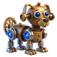 radiant victorian A whimsical steampunk robot, resembling a small dog, constructed from gears, springs, and polished wood, with glowing blue eyes. Soft, diffused lighting exclusive png