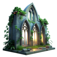 enchanting classic A crumbling gothic cathedral overgrown with ivy, illuminated by a single ray of moonlight through a broken stained glass window, eerie and atmospheric authentic png