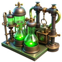 inspired artistic A steampunk laboratory filled with bubbling beakers, sparking wires, and intricate brass instruments, eerie green lighting, gothic style exclusive png