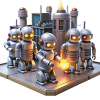 majestic remarkable A group of robots, working in a futuristic factory, illuminated by the sparks of welding torches. Industrial lighting, dystopian style png