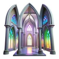 extraordinary mid century Gothic cathedral interior, stained glass windows casting colorful light, ethereal atmosphere, Greg Rutkowski, flawless png