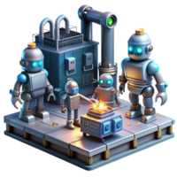 exceptional renaissance A group of robots working in a futuristic factory, glowing machinery and sparks flying, industrial setting, gritty and realistic style gallery standard png