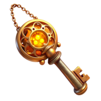 romantic captivating A steampunk key with intricate filigree and a clockwork mechanism, hanging from a chain, warm, golden lighting, fantasy art style museum quality png