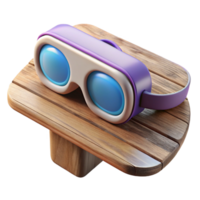 rare minimalist A pair of virtual reality goggles resting on a worn wooden table, soft ambient light highlighting their smooth contours, vintage style artisan png