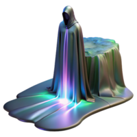 energetic exquisite A lone, cloaked figure standing at the edge of a shimmering, iridescent waterfall that flows into the void, cool, ethereal lighting, Romantic painting style original png