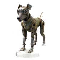 spectacular impressionist A lone, robotic dog wanders through a deserted, post apocalyptic city, overgrown with vegetation. Cyberpunk style, gritty texture elite png