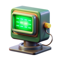 wonderful joyful modern A vintage computer monitor displaying complex code, bathed in the green glow of its CRT screen, wires and cables trailing from its back, rendered in a pixel art style 4K png