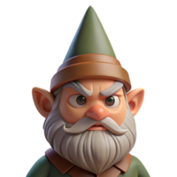beautiful quintessential Portrait of a grumpy gnome with a pointed hat, a bushy beard, and a frowning expression, lit by dim, earthy light, in a whimsical fantasy style png