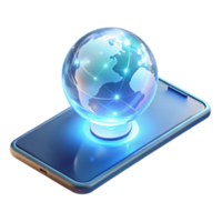 glorious organic A levitating transparent smartphone displaying a holographic world map, illuminated by a soft white light in a minimalist style professional png