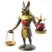alluring signature Anubis, the jackal headed god, weighing a human heart against a feather on golden scales, within a dimly lit Egyptian tomb, depicted in a hieroglyphic mural style png