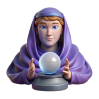 serene dynamic nordic Portrait of an enigmatic fortune teller with a crystal ball, draped in flowing fabrics, and a mysterious gaze, lit by flickering candlelight, in a mystical style refined png