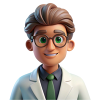 sumptuous exemplary Portrait of a curious scientist with glasses, a lab coat, and a thoughtful expression, lit by bright fluorescent lights, in a pop art style png