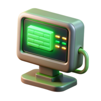 calm exquisite A vintage computer monitor displaying complex code, bathed in the green glow of its CRT screen, wires and cables trailing from its back, rendered in a pixel art style professional png