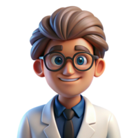 signature modern Portrait of a curious scientist with glasses, a lab coat, and a thoughtful expression, lit by bright fluorescent lights, in a pop art style artisan png