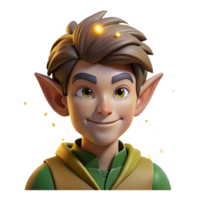 tranquil picturesque Portrait of a mischievous elf with pointed ears and a playful smirk, surrounded by glowing fireflies. Enchanted forest lighting. Fantasy art style top tier png