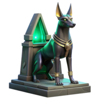 impressive unforgettable Anubis, the Egyptian god of the dead, depicted as a sleek black jackal with glowing emerald eyes, standing in a dimly lit tomb, surrounded by hieroglyphs. Art Deco style png
