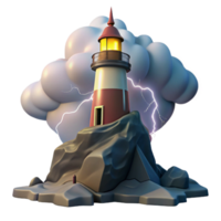 alluring renaissance A solitary lighthouse perched on a rocky cliff, dramatic storm clouds and lightning, dramatic and moody style detailed png
