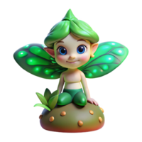 picturesque organic Portrait of a whimsical forest sprite with butterfly wings and glowing green eyes, perched on a mushroom, illuminated by dappled sunlight filtering through leaves authentic png