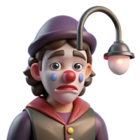 dazzling distinguished Portrait of a melancholic clown with fading makeup, a single tear rolling down their cheek, and a wistful expression, lit by a dim streetlamp, in a dramatic style png