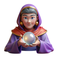 majestic nostalgic gothic Portrait of an enigmatic fortune teller with a crystal ball, draped in flowing fabrics, and a mysterious gaze, lit by flickering candlelight, in a mystical style professional png