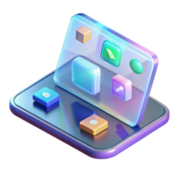 sumptuous celebrated A transparent tablet displaying a holographic interface, icons floating above its surface, illuminated by the glow of the interface, rendered in a product design, minimalist style png