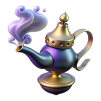 gorgeous reflective artistic A powerful djinn emerging from a lamp, smoke swirling, Arabic folklore style, mystical, glowing lighting, high quality png