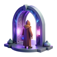 wonderful distinctive A lone figure in a hooded cloak stands before a giant portal shimmering with otherworldly energy. Fantasy sci fi style, ethereal lighting png