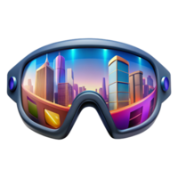 breathtaking joyful traditional A pair of augmented reality glasses displaying a vibrant heads up display, reflections of a bustling city street visible in the lenses, hyperrealistic style original png