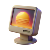 magnificent dynamic victorian A vintage computer monitor displaying a pixelated image of a sunset, illuminated by the monitor s glow, in a retro style flawless png