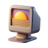 dramatic quintessential A vintage computer monitor displaying a pixelated image of a sunset, illuminated by the monitor s glow, in a retro style png
