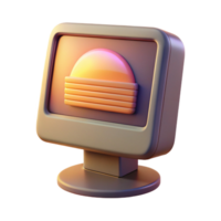 enchanting acclaimed A vintage computer monitor displaying a pixelated image of a sunset, illuminated by the monitor s glow, in a retro style png
