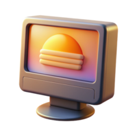 impressive coveted A vintage computer monitor displaying a pixelated image of a sunset, illuminated by the monitor s glow, in a retro style png