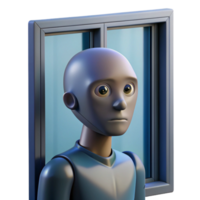 picturesque exemplary An android with human like features, staring pensively out a window at a rain swept city, melancholic mood, soft lighting, painted in a realistic style png