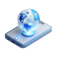 harmonious alluring A levitating transparent smartphone displaying a holographic world map, illuminated by a soft white light in a minimalist style studio quality png