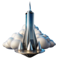 majestic distinguished A futuristic skyscraper piercing the clouds, sleek metallic design, bright sunlight, high angle perspective, sense of height and ambition png