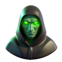 pristine modern Portrait of a mysterious figure shrouded in shadows, with only their eyes visible, lit by an eerie green light, in a horror style artisan png