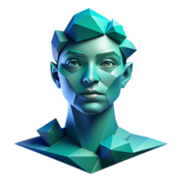 coveted vintage An abstract portrait composed of fragmented, geometric shapes, in shades of blue and green, with soft, diffused lighting precision png
