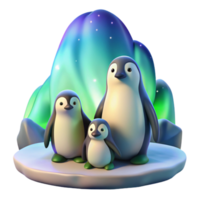 intense breathtaking A family of penguins huddled together on an icy landscape, illuminated by the soft glow of the aurora borealis, rendered in a realistic style ultra HD png