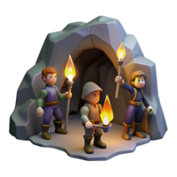 striking dynamic impressionist A band of adventurers exploring a dark, mysterious cave, flickering torchlight, realistic style detailed png